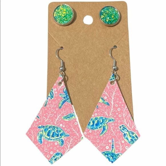 Sea Turtle Pink Drop Earrings‎ Green Druzy Stud Set - Picture 1 of 4